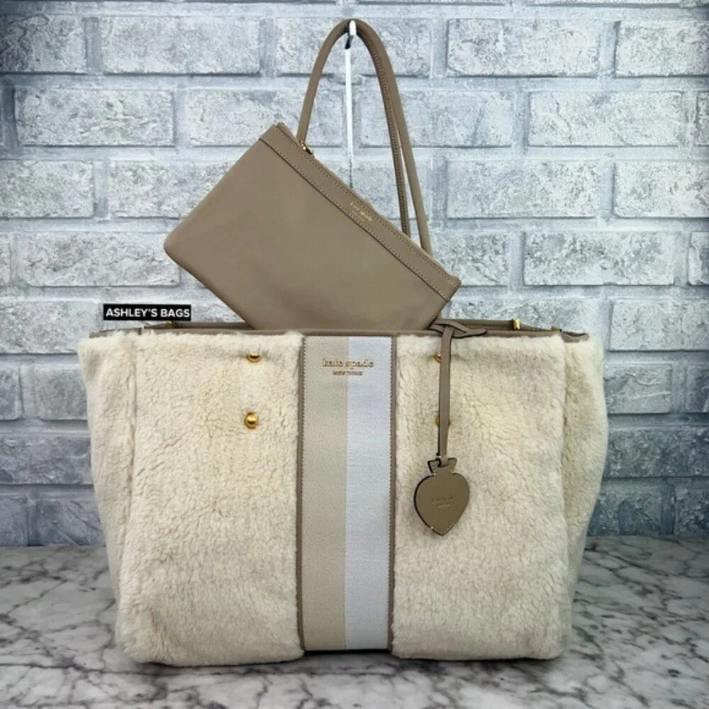 Kate Spade Everything Racing Stripe Faux Shearling Large Tote In Cream Multi